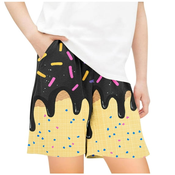 WRKEKC Casual Shorts for Girls, Boys Summer Shorts, Children's Summer Ice Cream Cake Print Elastic Waist Drawstring Pocket Casual Loose Sports Shorts