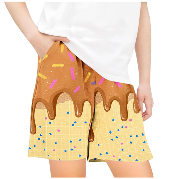 WRKEKC Casual Shorts for Girls, Boys Summer Shorts, Children's Summer Ice Cream Cake Print Elastic Waist Drawstring Pocket Casual Loose Sports Shorts