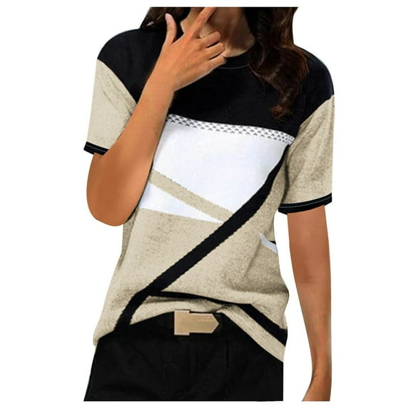 WRKEKC Casual Tops for Womens Geometric Print Round Neck Short Sleeve Loose T-Shirt Top with Modern Comfortable