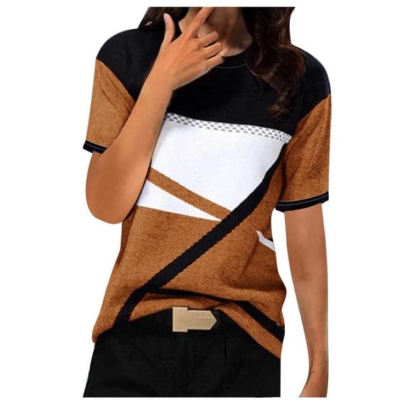 WRKEKC Casual Tops for Womens Geometric Print Round Neck Short Sleeve Loose T-Shirt Top with Modern Comfortable