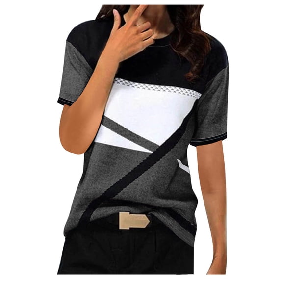 WRKEKC Casual Tops for Womens Geometric Print Round Neck Short Sleeve Loose T-Shirt Top with Modern Comfortable
