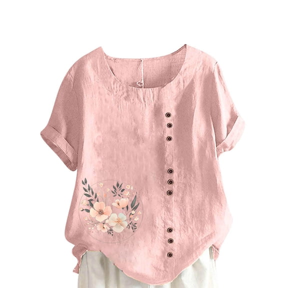 WRKEKC Casual Tops for Womens Print Short Sleeve Cotton Linen Button Down T-Shirt Home Leisure Top with Breathable Material