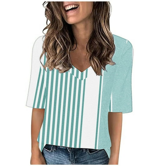 WRKEKC Casual Tops for Womens Print V-Neck Cap Sleeve Loose T-Shirt Lightweight Material Comfortable Fit Summer