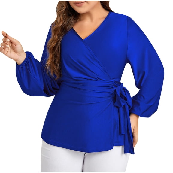 WRKEKC Casual Tops for Womens, Summer T-Shirts for Women, Women's Casual Oversize Solid Color V-Neck Long Sleeve Blouse Plus Size Tops