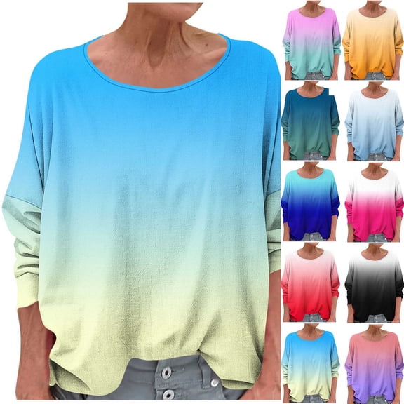 WRKEKC Womens Long Sleeve T-Shirts, Long Sleeve Shirts for Women, Women's Plus Size Round Neck Gradient Printed Long Sleeve Trendy Comfortable T-shirt
