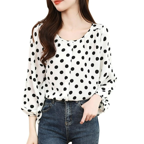 WRKEKC Casual Tops for Womens, Summer T-Shirts for Women, Women's Trendy Fall Long Sleeve Spots Printed Round Neck Tops