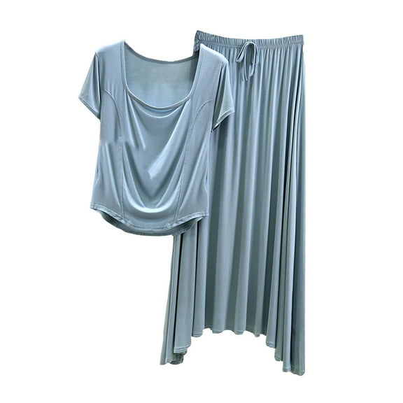 WRKEKC Casual V-Neck Short Sleeve Pajama Set for Women Midi Skirt Loose Slimming 2 Piece Loungewear Set Sleepwear Set for Home