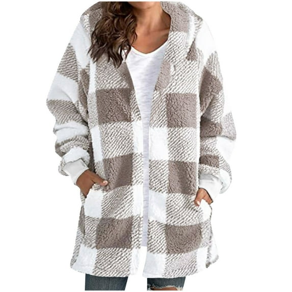WRKEKC Coats for Women, Jackets for Women, Ladies' Mid Length Long Sleeve Hooded Loose Fit Fleece Plaid Coat with Functional Side Pockets Warm Fall Winter Casual Outerwear