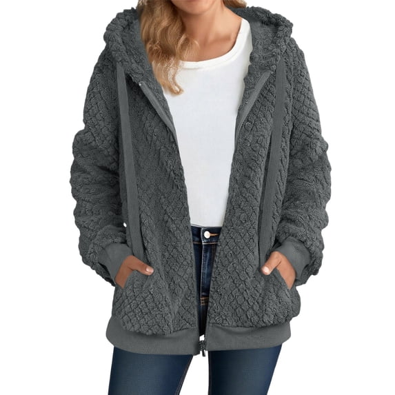 WRKEKC Coats for Women Solid Color Zip Up Hooded Sherpa Fleece Jacket with Pockets Double-Sided Warm Long Sleeve Fall Winter Outerwear