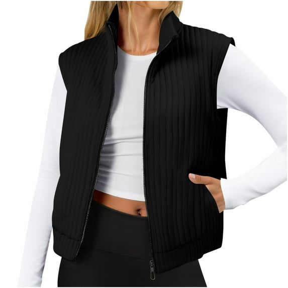 WRKEKC Coats for Women Trendy Solid Color Quilted Sleeveless Zip Up Vest Jacket Lightweight Fall and Winter Outerwear with Pockets