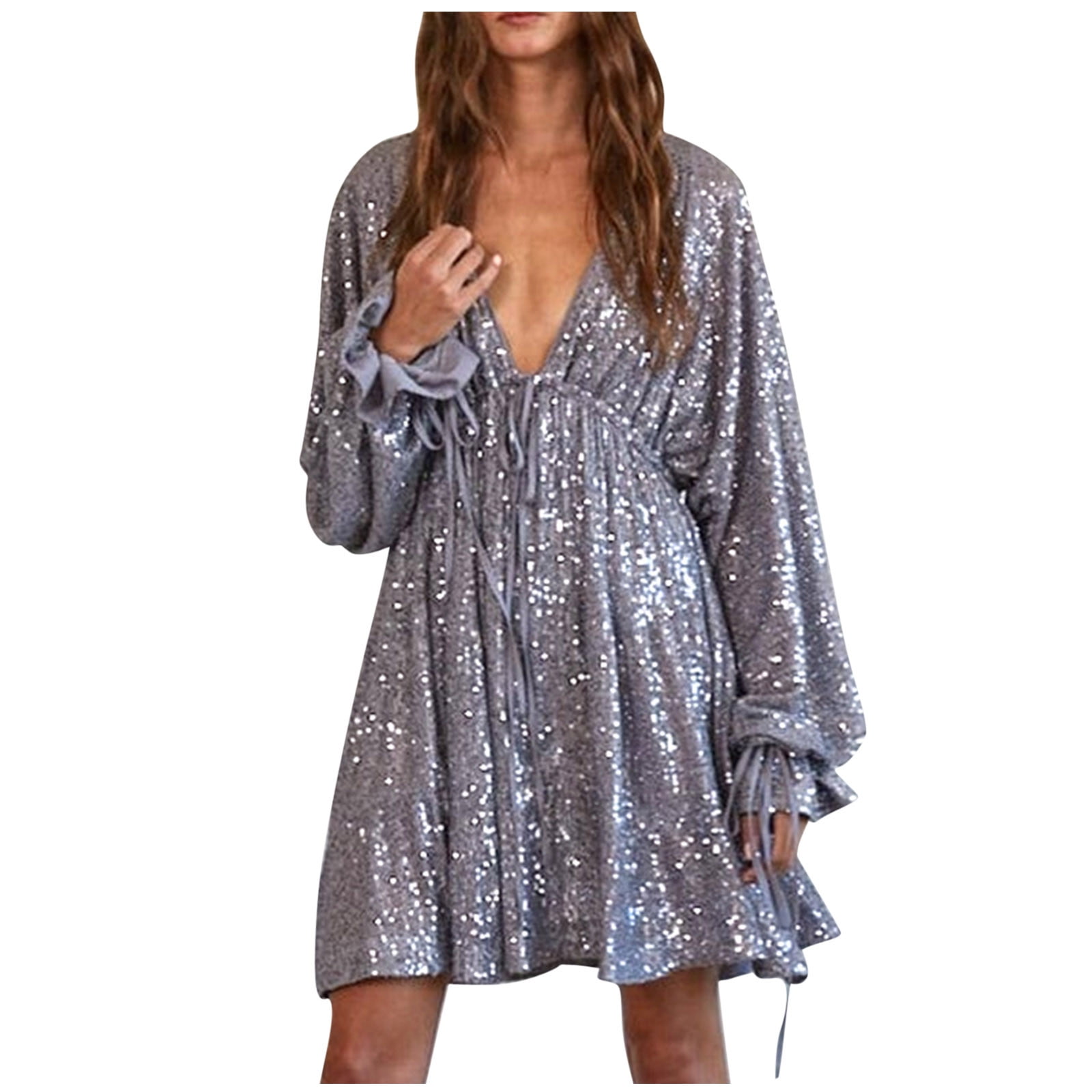 long sleeve silver sequin midi dress Flutter Sleeve Sequin Midi Dress - Silver