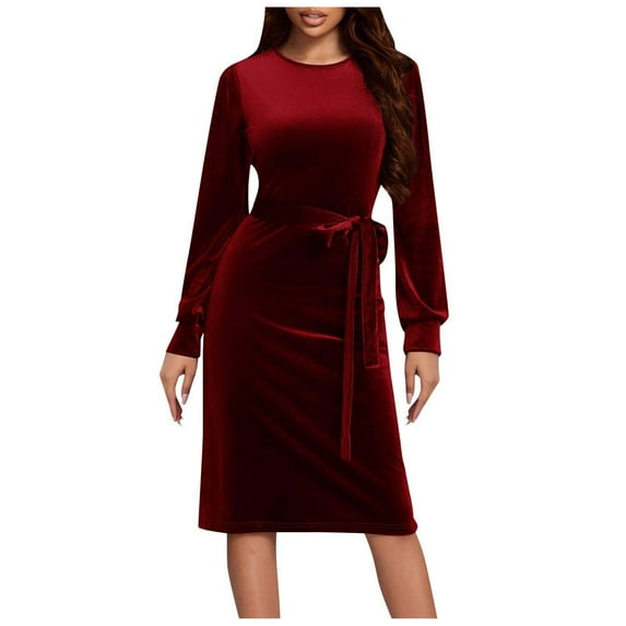 WRKEKC Cocktail Dresses for Women Solid Color Long Sleeve Round Neck Midi Dress for Fall Winter Velvet Fabric Ruched Detail with Back Zip Closure
