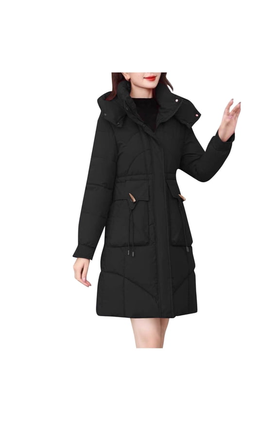 Cotton Coats for Women Casual Hooded Long Sleeve Pocket Waist Cinched Zip Up Mid Long Jacket for Fall and Winter