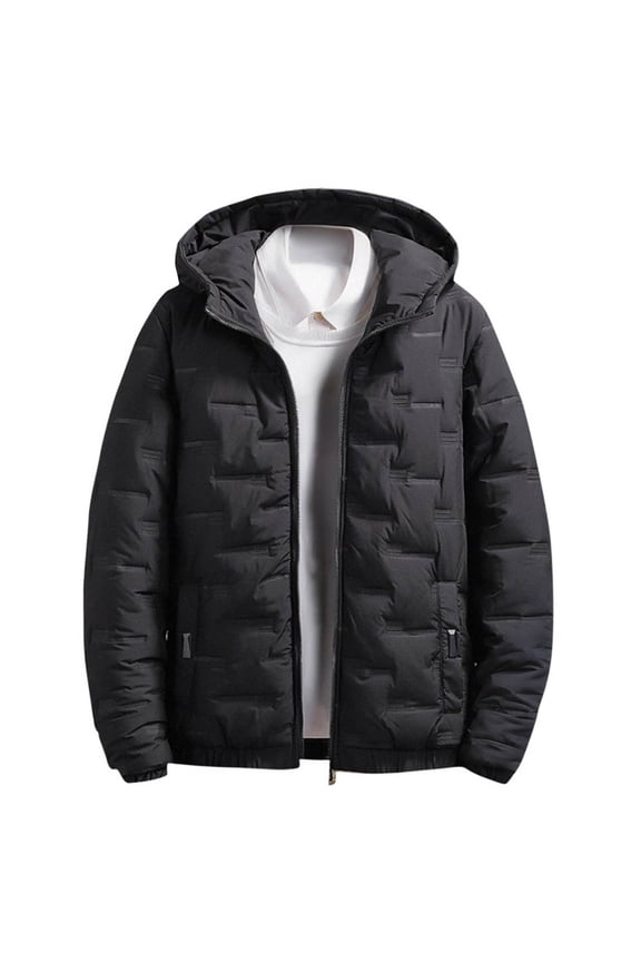 Down Jacket Mens Solid Color Hooded Puffer Jacket Slim Fit with Button Pockets and Quilted for Warm Fall Winter and Outdoor Wear