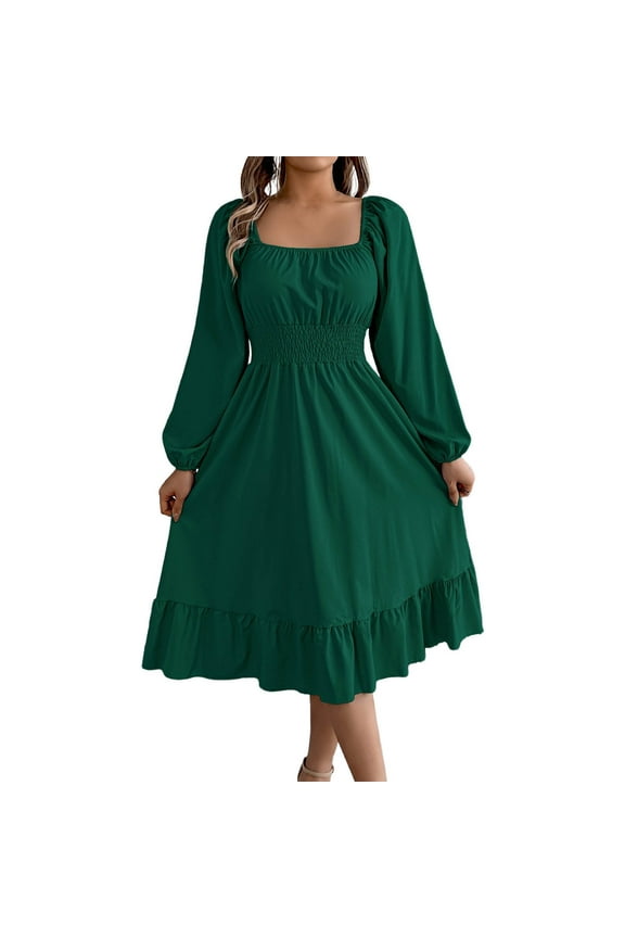 Fall Dresses for Women Solid Color Long Sleeve Square Neck Midi Dress for Fall Winter Cinched Waist Ruffle Hem A Line Cut with Back Zip and Cuffs