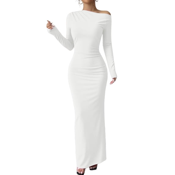 WRKEKC Womens Dresses Casual Solid Color One Shoulder Bodycon Midi Dress for Fall Winter Stretch Knit Asymmetric Neckline with Back Zip and Cuffs