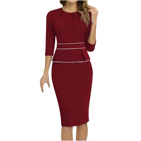 WRKEKC Fall Dresses for Women Solid Color Round Neck Three Quarter Sleeve Knee Length Dress with Soft Knit