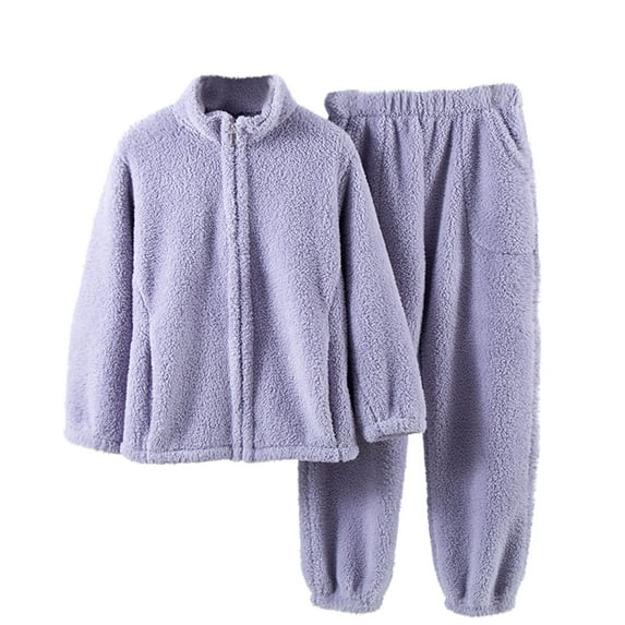 WRKEKC Fleece Pajamas Women Solid Color Loose Zipper Pocket Thickened Fleece Warm Elastic Waist Sleepwear Set for Women Fall Winter Home Outfit