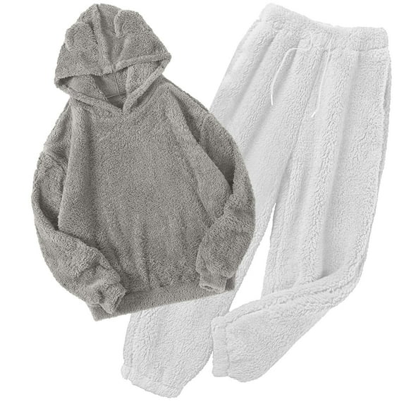 WRKEKC Fleece Pajamas Women Unisex Fall and Winter Fleece Lined Hooded 2 Piece Solid Color Fuzzy Home Sleepwear Set for Men and Women Warmth Solution
