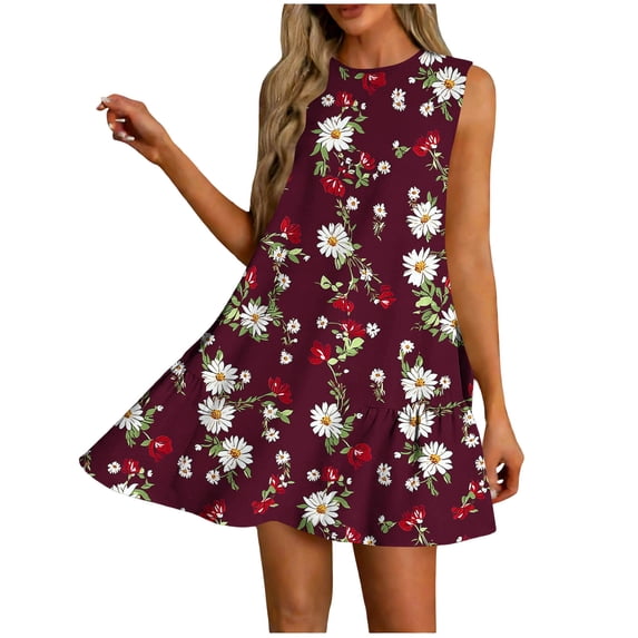 WRKEKC Floral Dress for Women Abstract Floral Crew Neck Sleeveless Side Ruched Loose Midi Lightweight Comfort
