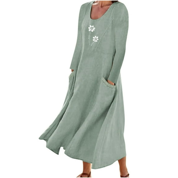 WRKEKC Floral Dress for Women Print Long Sleeve Round Neck Midi Dress for Fall Winter Cotton Linen Blend with Pockets and Button Front Detail