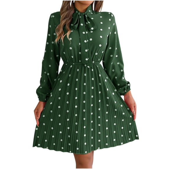 WRKEKC Floral Dress for Women Print Long Sleeve V-Neck Midi Dress for Fall Winter Polka Dot Tie Waist Pleated Skirt Elastic Cuff and Back Zip