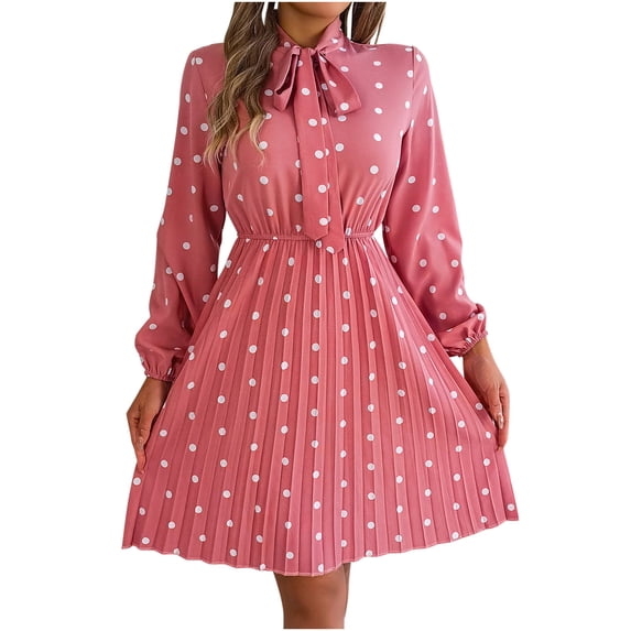 WRKEKC Floral Dress for Women Print Long Sleeve V-Neck Midi Dress for Fall Winter Polka Dot Tie Waist Pleated Skirt Elastic Cuff and Back Zip