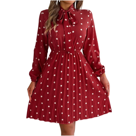 WRKEKC Floral Dress for Women Print Long Sleeve V-Neck Midi Dress for Fall Winter Polka Dot Tie Waist Pleated Skirt Elastic Cuff and Back Zip