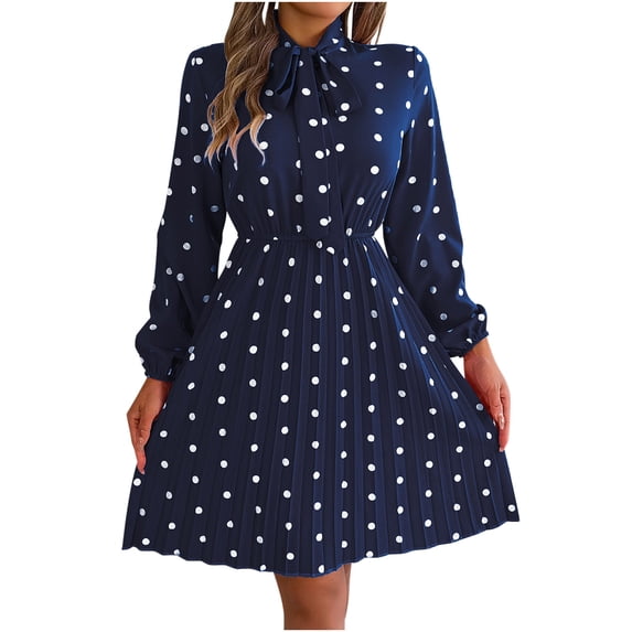 WRKEKC Floral Dress for Women Print Long Sleeve V-Neck Midi Dress for Fall Winter Polka Dot Tie Waist Pleated Skirt Elastic Cuff and Back Zip