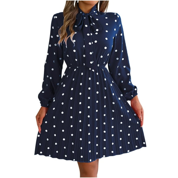 WRKEKC Floral Dress for Women Print Long Sleeve V-Neck Midi Dress for Fall Winter Polka Dot Tie Waist Pleated Skirt Elastic Cuff and Back Zip