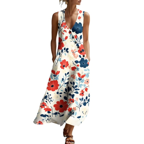 WRKEKC Floral Dress for Women Print V Neck Sleeveless Loose Silhouette Midi Easy Care Stretch Chic