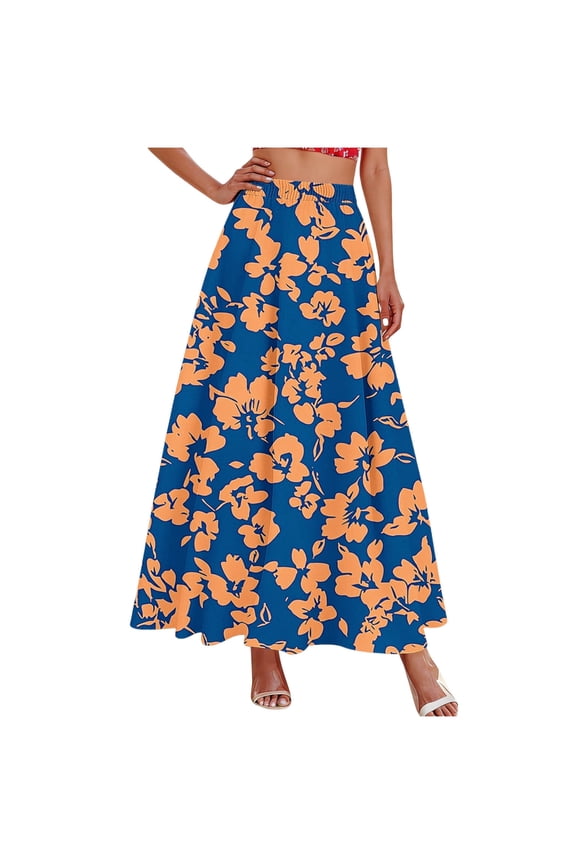 Flowy Skirts for Women Floral Print Elastic Waist Drawstring Pocket A Line Skirt with Summer Vibe
