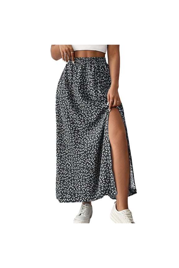 Flowy Skirts for Women Floral Print Side Split High Waist A Line Midi Skirt with Flowy Georgette