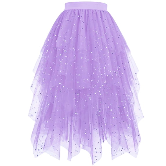 WRKEKC Flowy Skirts for Women Star Sequin High Low Layered Tutu Maxi Skirt with Mesh and Sparkle Irregular Hem