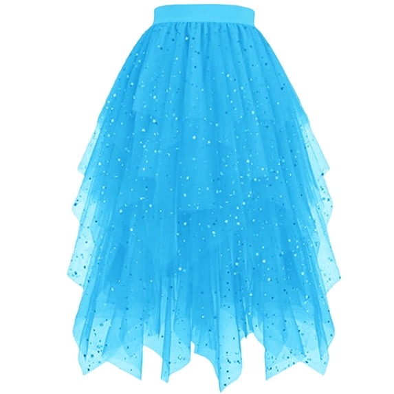 WRKEKC Flowy Skirts for Women Star Sequin High Low Layered Tutu Maxi Skirt with Mesh and Sparkle Irregular Hem