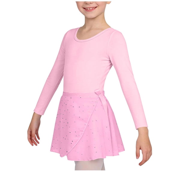 WRKEKC Girls 2 Piece Outfits Ballet Dancewear Heart Backless Cross Long Sleeve Sequin Mesh Skirt Practice Soft 3-12 Years