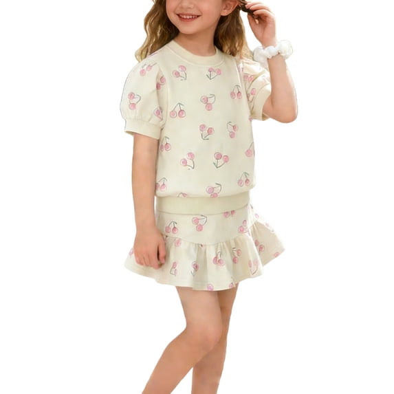 WRKEKC Girls 2 Piece Outfits Cherry Print Short Sleeve Round Neck Top Skirt Shorts Set Casual Summer 1-9 Years
