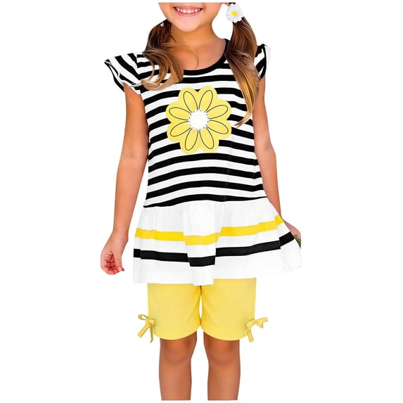WRKEKC Girls 2 Piece Outfits Flutter Sleeve Round Neck Striped Print Top Solid Leggings Shorts Casual Soft Cotton 1-9 Years