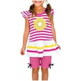 thumbnail image 1 of WRKEKC Girls 2 Piece Outfits Flutter Sleeve Round Neck Striped Print Top Solid Leggings Shorts Casual Soft Cotton 1-9 Years, 1 of 2