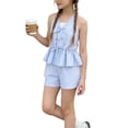 thumbnail image 1 of WRKEKC Girls 2 Piece Outfits Print Striped Halter Neck Ruffle Hem Camisole Elastic Waist Shorts Set for Kids 8-12 Years, 1 of 9