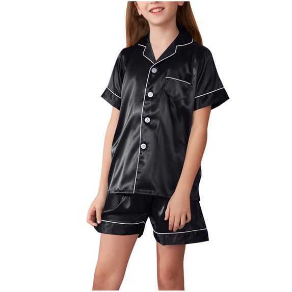 WRKEKC Girls 2 Piece Outfits Satin Collared Short Sleeve Top and Shorts Set Lightweight for Loungewear and Sleepwear Summer Outfits for Girls 6-14 Years