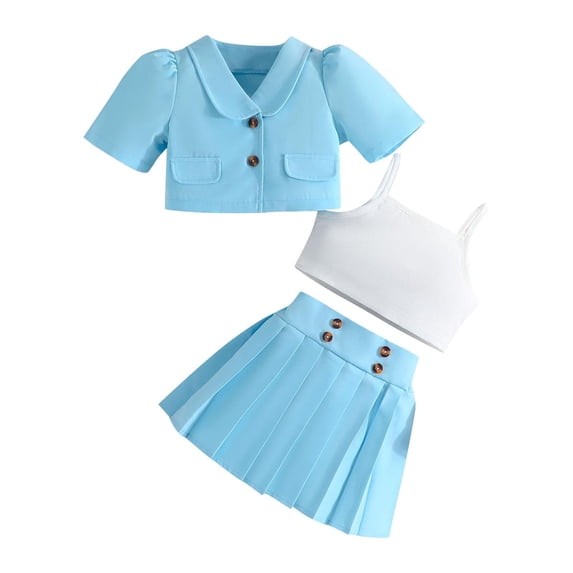 WRKEKC Girls 2 Piece Outfits Short Sleeve Round Neck Solid Color Blazer Vest and Pleated Skirt 3 Piece Set for 3-9 Years