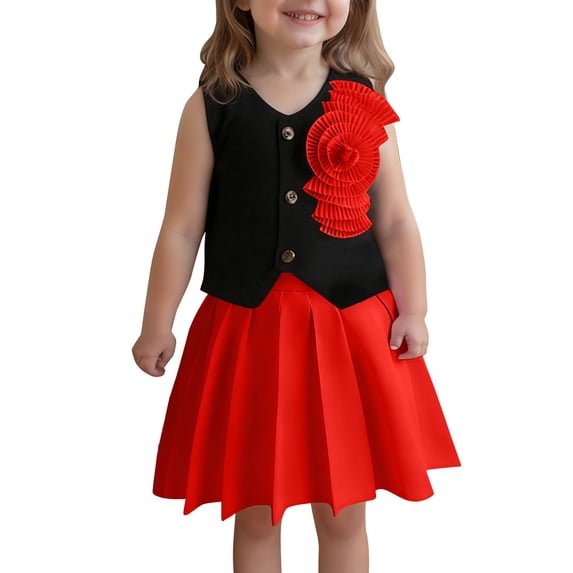 WRKEKC Girls 2 Piece Outfits Solid Color Satin Floral Appliqué Sleeveless Top Pleated Skirt Set for Kids 3-10 Years