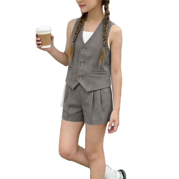 WRKEKC Girls 2 Piece Outfits Solid Sleeveless Single Breasted Vest Top Shorts Suit Casual V-Neck Set 1-13 Years