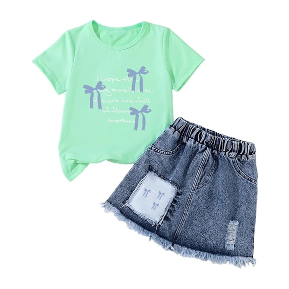 WRKEKC Girls 2 piece Outfits Cherry Print Round Neck Short Sleeve Top and Elastic Waist Denim Skirt Set for 2-8 Years