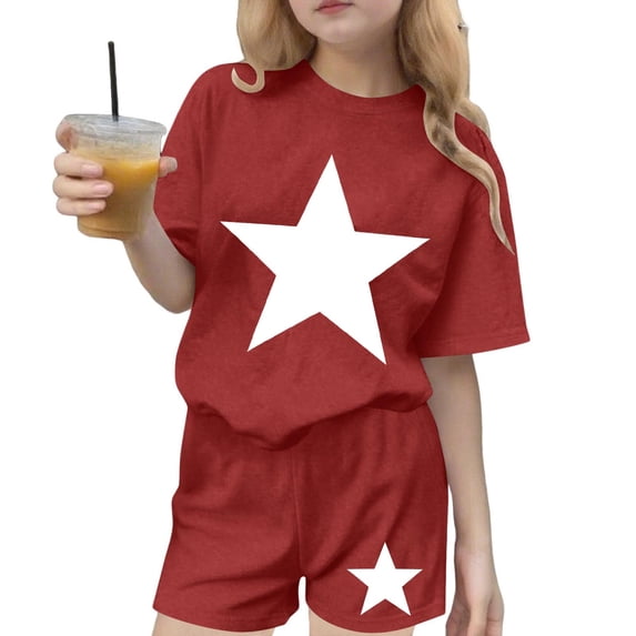WRKEKC Girls 2 piece Outfits Printed Round Neck Short Sleeve T-Shirt and Casual Shorts Set for 3-15 Years