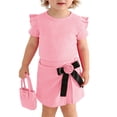 thumbnail image 1 of WRKEKC Girls 2 piece Outfits Short Sleeve Ribbed Top and Bow Skirt Pants with Bag 3 Piece for 6 Months-3 Years, 1 of 9