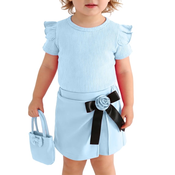 WRKEKC Girls 2 piece Outfits Short Sleeve Ribbed Top and Bow Skirt Pants with Bag 3 Piece for 6 Months-3 Years