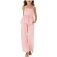 thumbnail image 1 of WRKEKC Girls 2 piece Outfits Solid Adjustable Spaghetti Strap Top and Pocket Cropped Pants Set for 3-14 Years, 1 of 6
