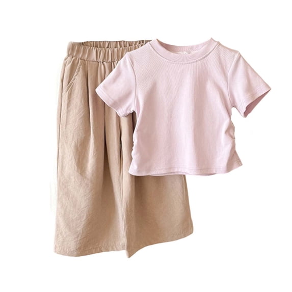 WRKEKC Girls 2 piece Outfits Solid Cotton Short Sleeve T Shirt and Wide Leg Linen Pants Set for 1-11 Years